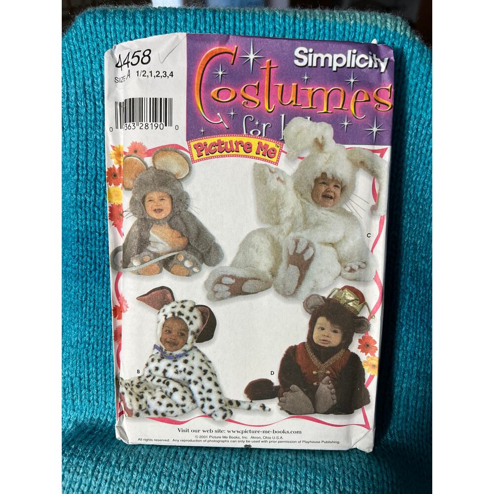 Simplicity 4458 Sewing pattern Toddler mouse bunny monkey dog size 1/2 1 2 3 4
